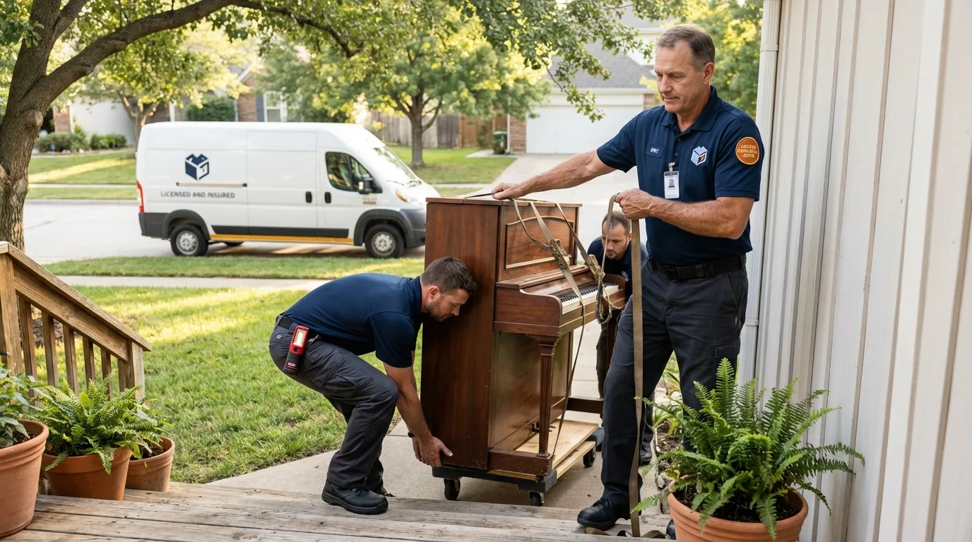 Licensed piano movers securing grand piano in Bloomfield, KY