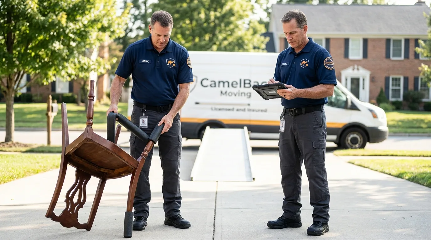 Movers inspecting furniture for damage prevention before loading in Bloomfield, KY